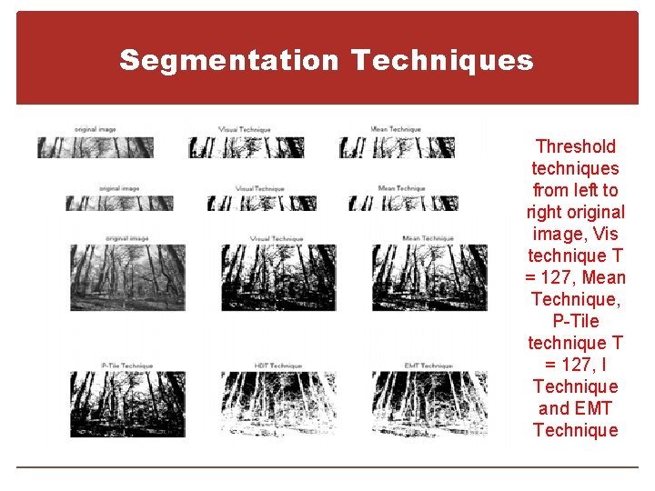 Segmentation Techniques Threshold techniques from left to right original image, Vis technique T =