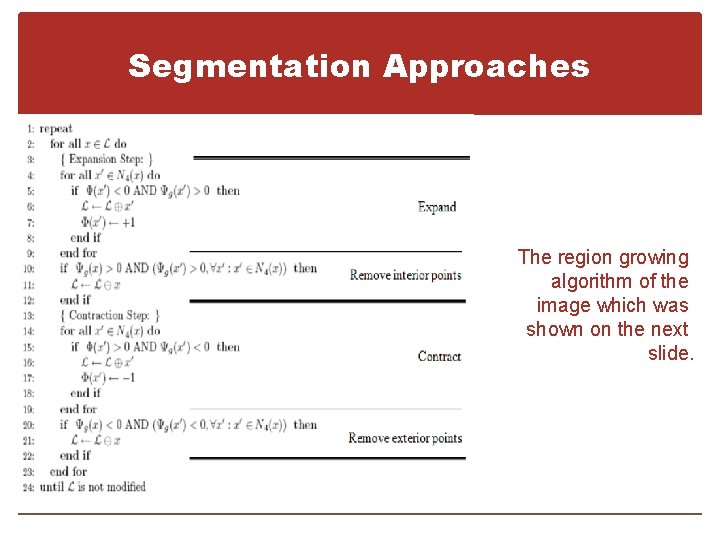 Segmentation Approaches The region growing algorithm of the image which was shown on the
