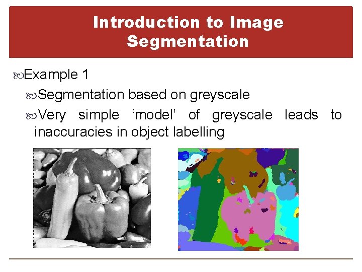 Introduction to Image Segmentation Example 1 Segmentation based on greyscale Very simple ‘model’ of