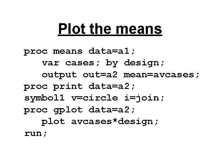 Plot the means proc means data=a 1; var cases; by design; output out=a 2