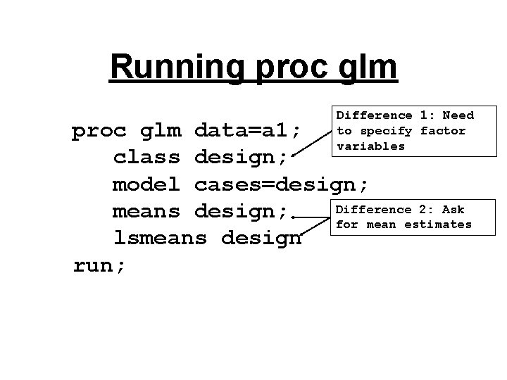 Running proc glm Difference 1: Need to specify factor variables proc glm data=a 1;