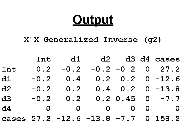 Output X'X Generalized Inverse (g 2) Int d 1 d 2 d 3 d
