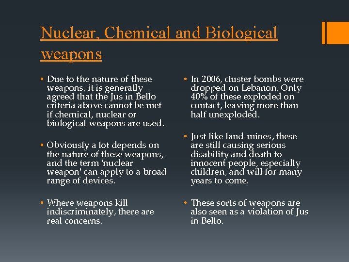 Nuclear, Chemical and Biological weapons • Due to the nature of these weapons, it