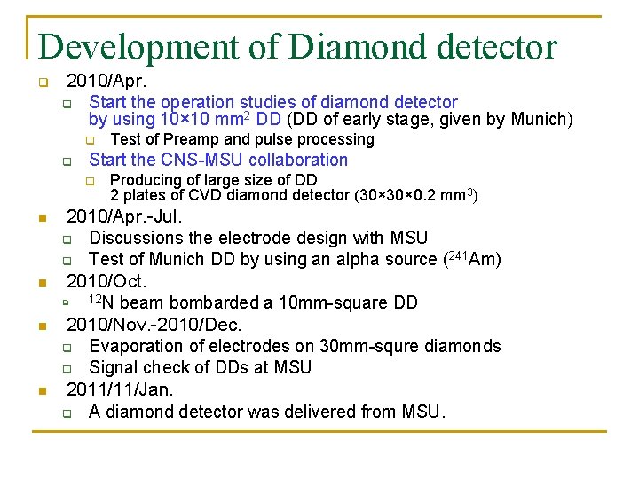 Development of Diamond detector q 2010/Apr. q Start the operation studies of diamond detector