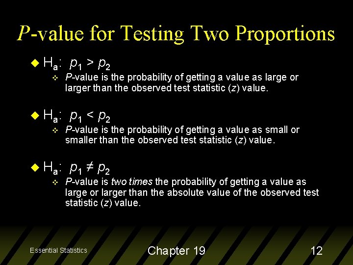 P-value for Testing Two Proportions u H a: v p 1 > p 2