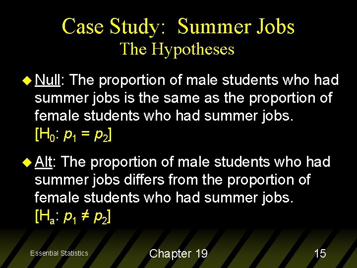 Case Study: Summer Jobs The Hypotheses u Null: The proportion of male students who