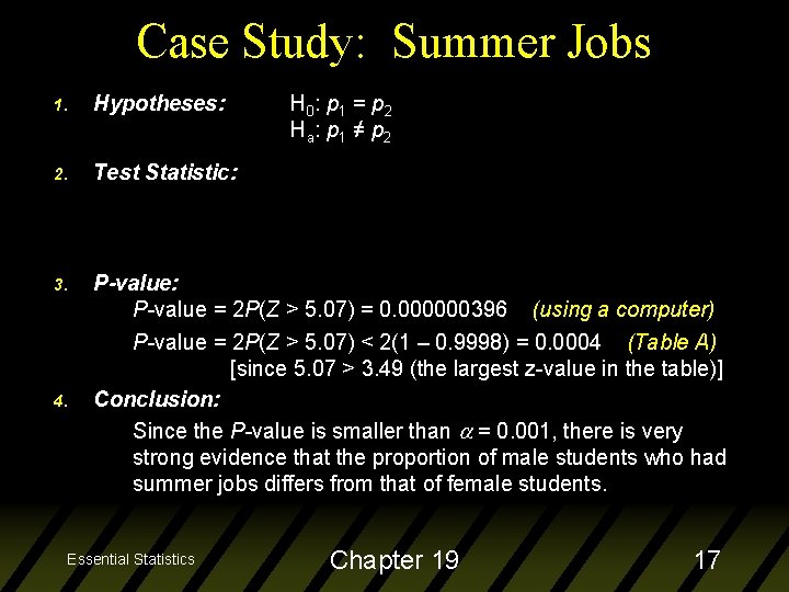 Case Study: Summer Jobs 1. Hypotheses: 2. Test Statistic: 3. P-value: P-value = 2