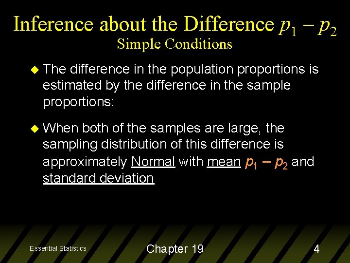 Inference about the Difference p 1 – p 2 Simple Conditions u The difference