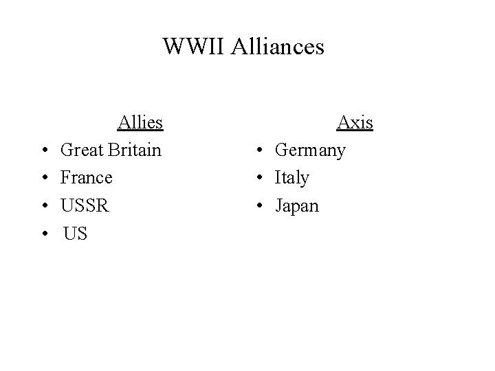 WWII Alliances • • Allies Great Britain France USSR US Axis • Germany •