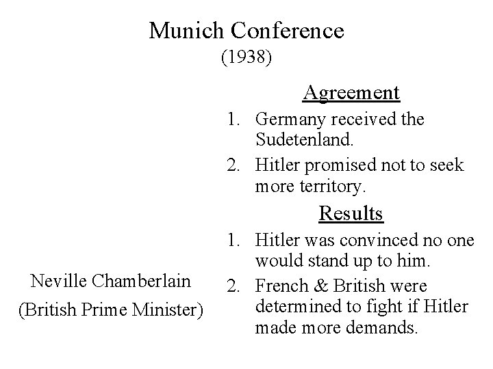 Munich Conference (1938) Agreement 1. Germany received the Sudetenland. 2. Hitler promised not to