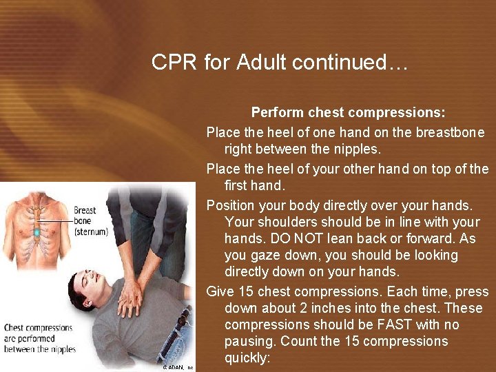 CPR for Adult continued… Perform chest compressions: Place the heel of one hand on