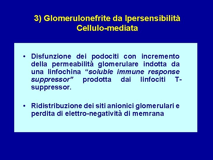 3) Glomerulonefrite da Ipersensibilità Cellulo-mediata • Disfunzione dei podociti con incremento della permeabilità glomerulare