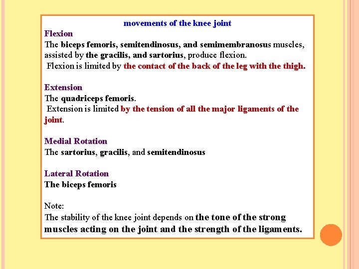movements of the knee joint Flexion The biceps femoris, semitendinosus, and semimembranosus muscles, assisted