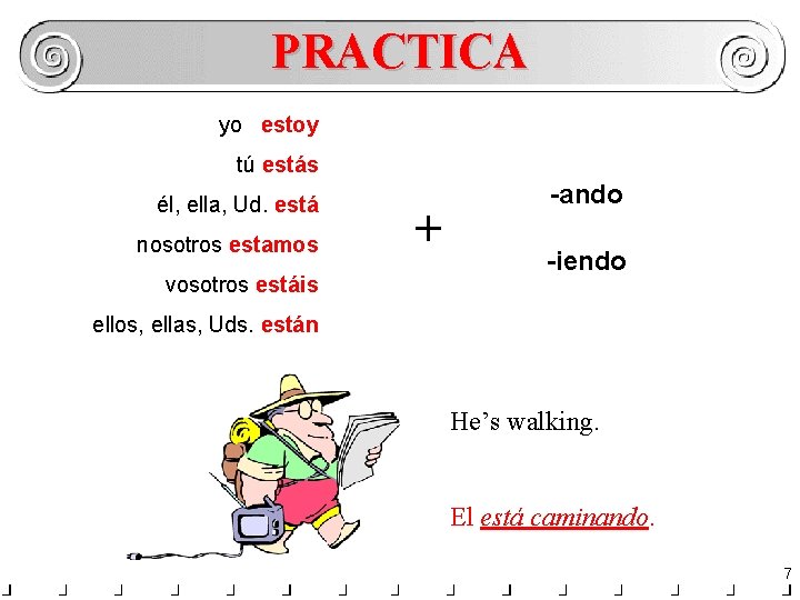 PRACTICA yo estoy tú estás él, ella, Ud. está nosotros estamos vosotros estáis +