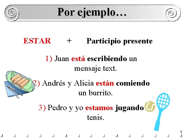 Por ejemplo… ESTAR + Participio presente 1) Juan está escribiendo un mensaje text. 2)