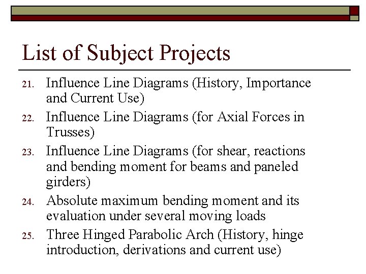 List of Subject Projects 21. 22. 23. 24. 25. Influence Line Diagrams (History, Importance