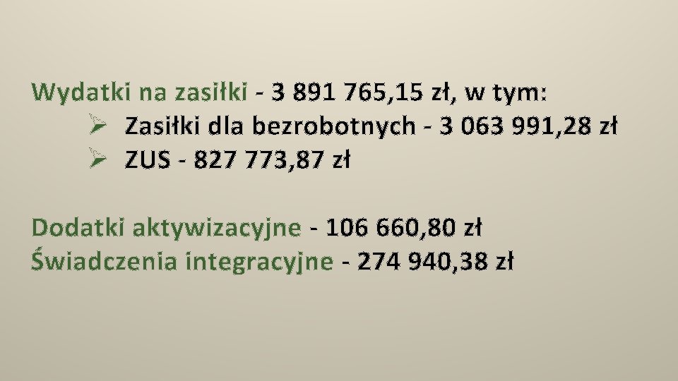 Wydatki na zasiłki - 3 891 765, 15 zł, w tym: Ø Zasiłki dla