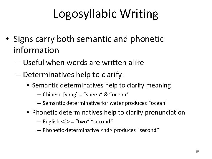 Logosyllabic Writing • Signs carry both semantic and phonetic information – Useful when words