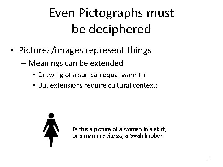 Even Pictographs must be deciphered • Pictures/images represent things – Meanings can be extended