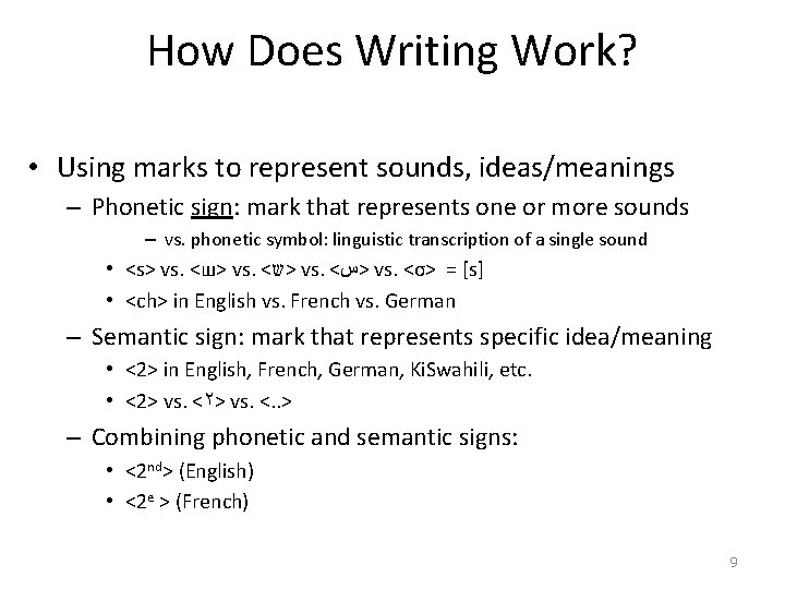 How Does Writing Work? • Using marks to represent sounds, ideas/meanings – Phonetic sign: