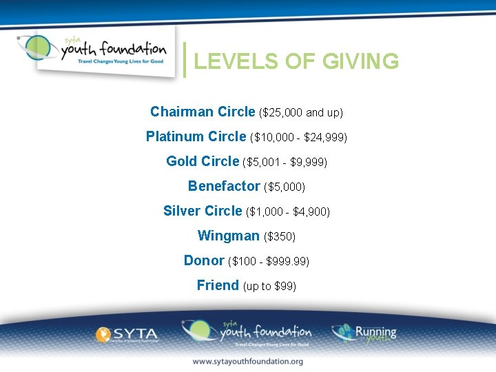 LEVELS OF GIVING Chairman Circle ($25, 000 and up) Platinum Circle ($10, 000 -