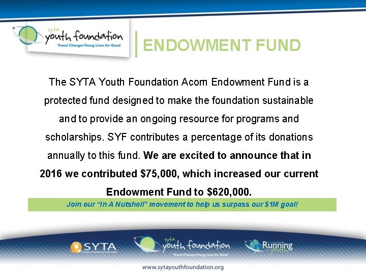 ENDOWMENT FUND The SYTA Youth Foundation Acorn Endowment Fund is a protected fund designed