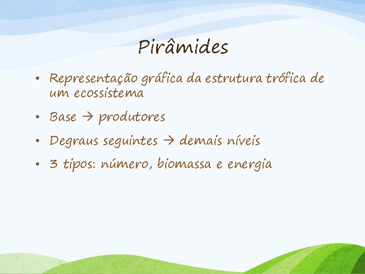 Pirâmides • Representação gráfica da estrutura trófica de um ecossistema • Base produtores •