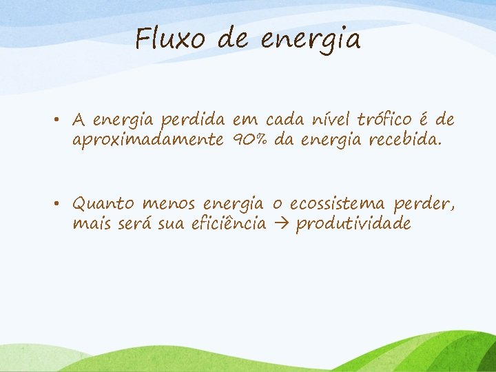 Fluxo de energia • A energia perdida em cada nível trófico é de aproximadamente