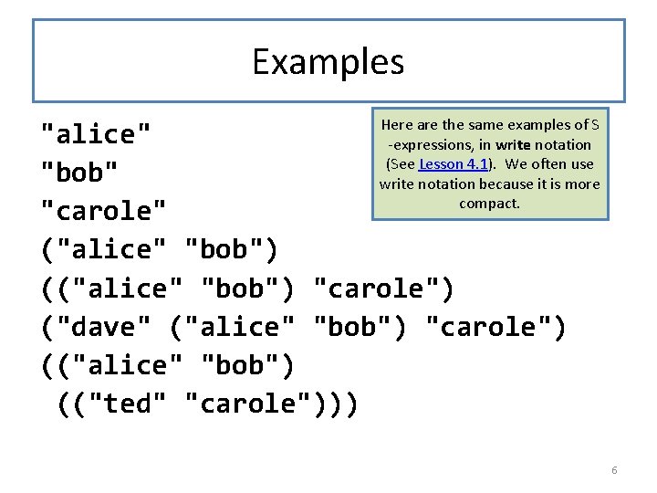 Examples Here are the same examples of S -expressions, in write notation (See Lesson