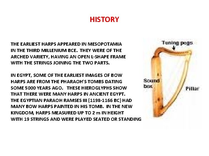 HISTORY THE EARLIEST HARPS APPEARED IN MESOPOTAMIA IN THE THIRD MILLENIUM BCE. THEY WERE