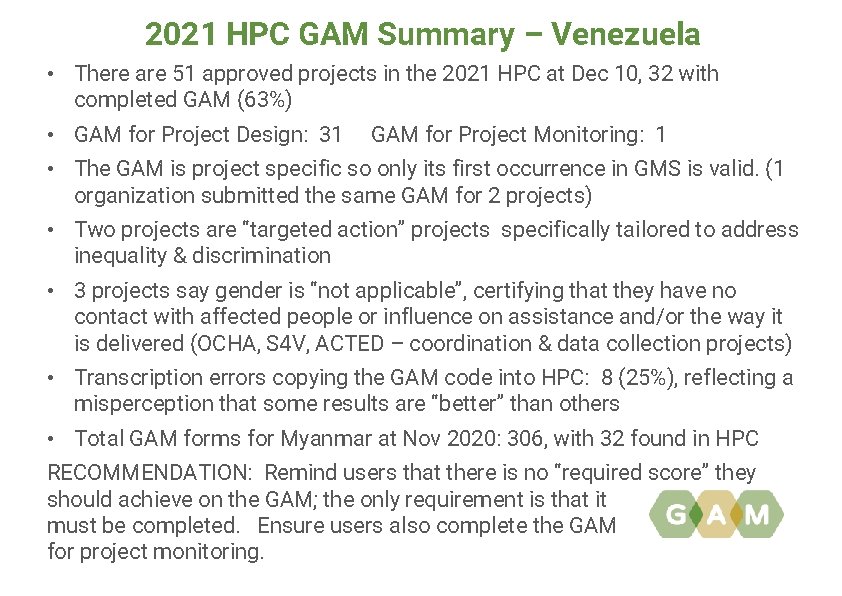 2021 HPC GAM Summary – Venezuela • There are 51 approved projects in the