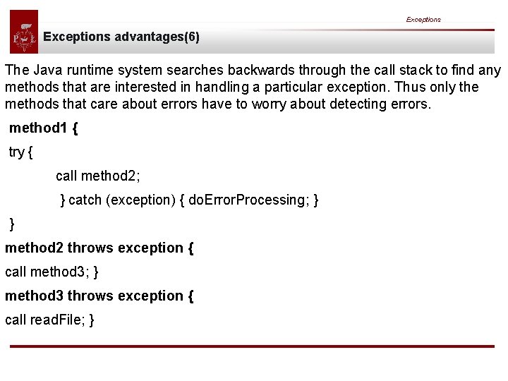 Exceptions advantages(6) The Java runtime system searches backwards through the call stack to find