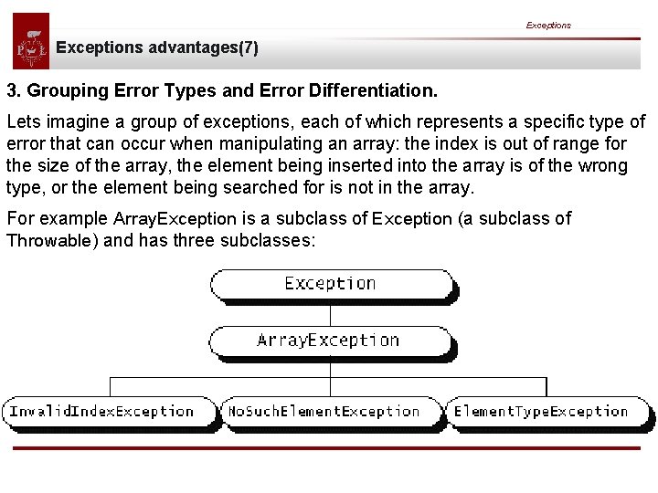 Exceptions advantages(7) 3. Grouping Error Types and Error Differentiation. Lets imagine a group of