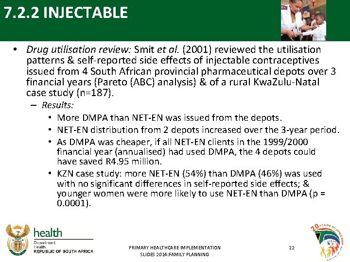 7. 2. 2 INJECTABLE • Drug utilisation review: Smit et al. (2001) reviewed the