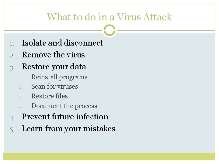 What to do in a Virus Attack Isolate and disconnect 2. Remove the virus