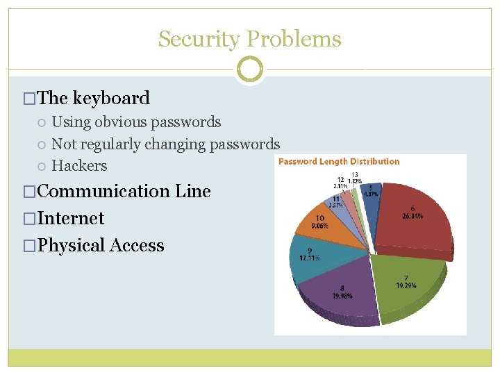 Security Problems �The keyboard Using obvious passwords Not regularly changing passwords Hackers �Communication Line