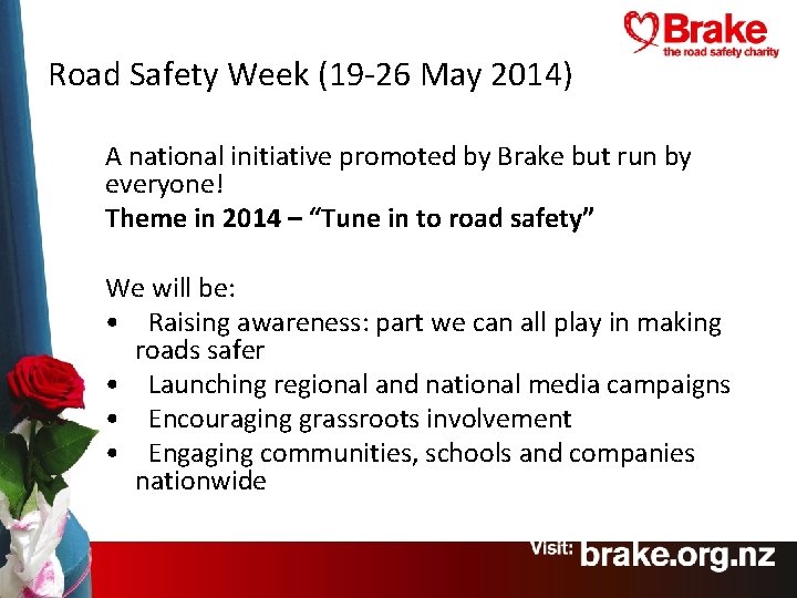 Road Safety Week (19 -26 May 2014) A national initiative promoted by Brake but