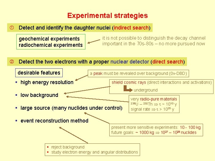 Experimental strategies Detect and identify the daughter nuclei (indirect search) geochemical experiments radiochemical experiments