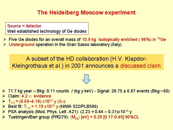 The Heidelberg Moscow experiment Source = detector Well established technology of Ge diodes Ø