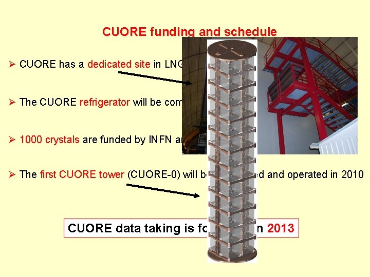 CUORE funding and schedule Ø CUORE has a dedicated site in LNGS and the