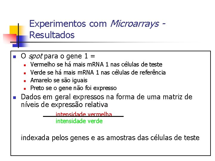 Experimentos com Microarrays Resultados n O spot para o gene 1 = n n
