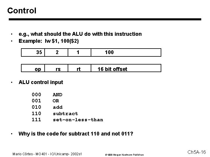 Control • • • e. g. , what should the ALU do with this