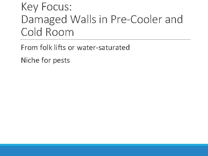 Key Focus: Damaged Walls in Pre-Cooler and Cold Room From folk lifts or water-saturated