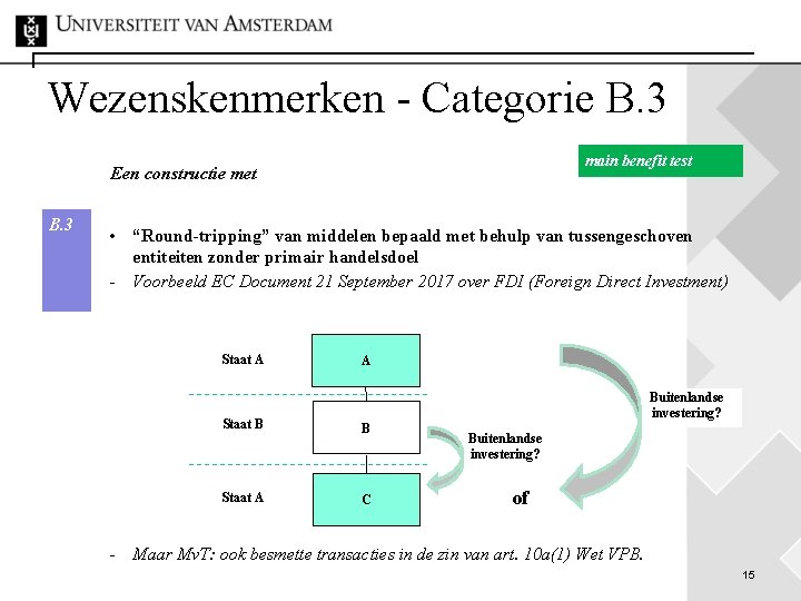 Wezenskenmerken - Categorie B. 3 main benefit test Een constructie met B. 3 •