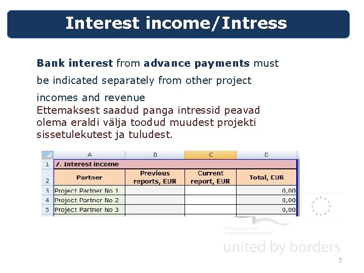 Interest income/Intress Bank interest from advance payments must be indicated separately from other project