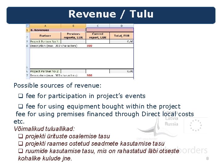 Revenue / Tulu Possible sources of revenue: q fee for participation in project’s events