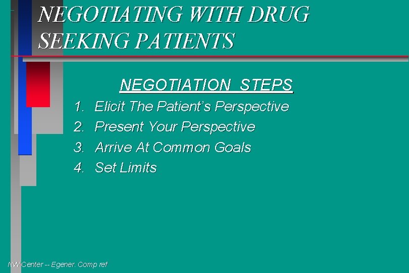 NEGOTIATING WITH DRUG SEEKING PATIENTS NEGOTIATION STEPS 1. 2. 3. 4. Elicit The Patient’s