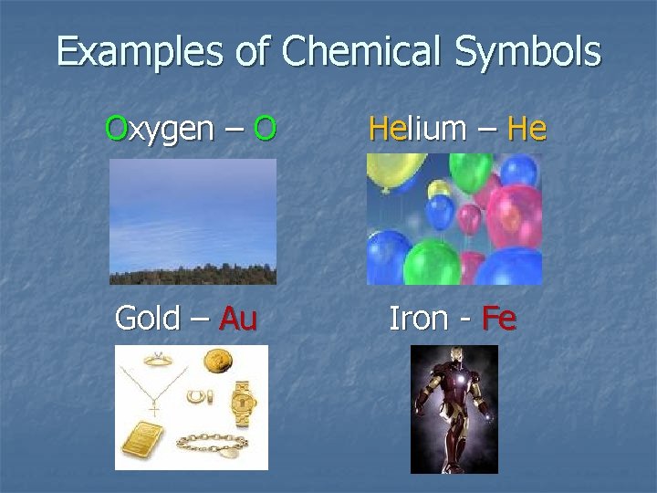 Examples of Chemical Symbols Oxygen – O Helium – He Gold – Au Iron