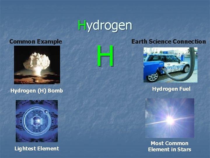 Hydrogen Common Example Hydrogen (H) Bomb Lightest Element H Earth Science Connection Hydrogen Fuel