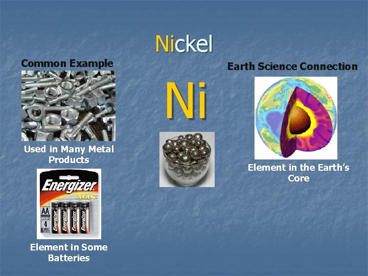 Common Example Used in Many Metal Products Element in Some Batteries Nickel Ni Earth